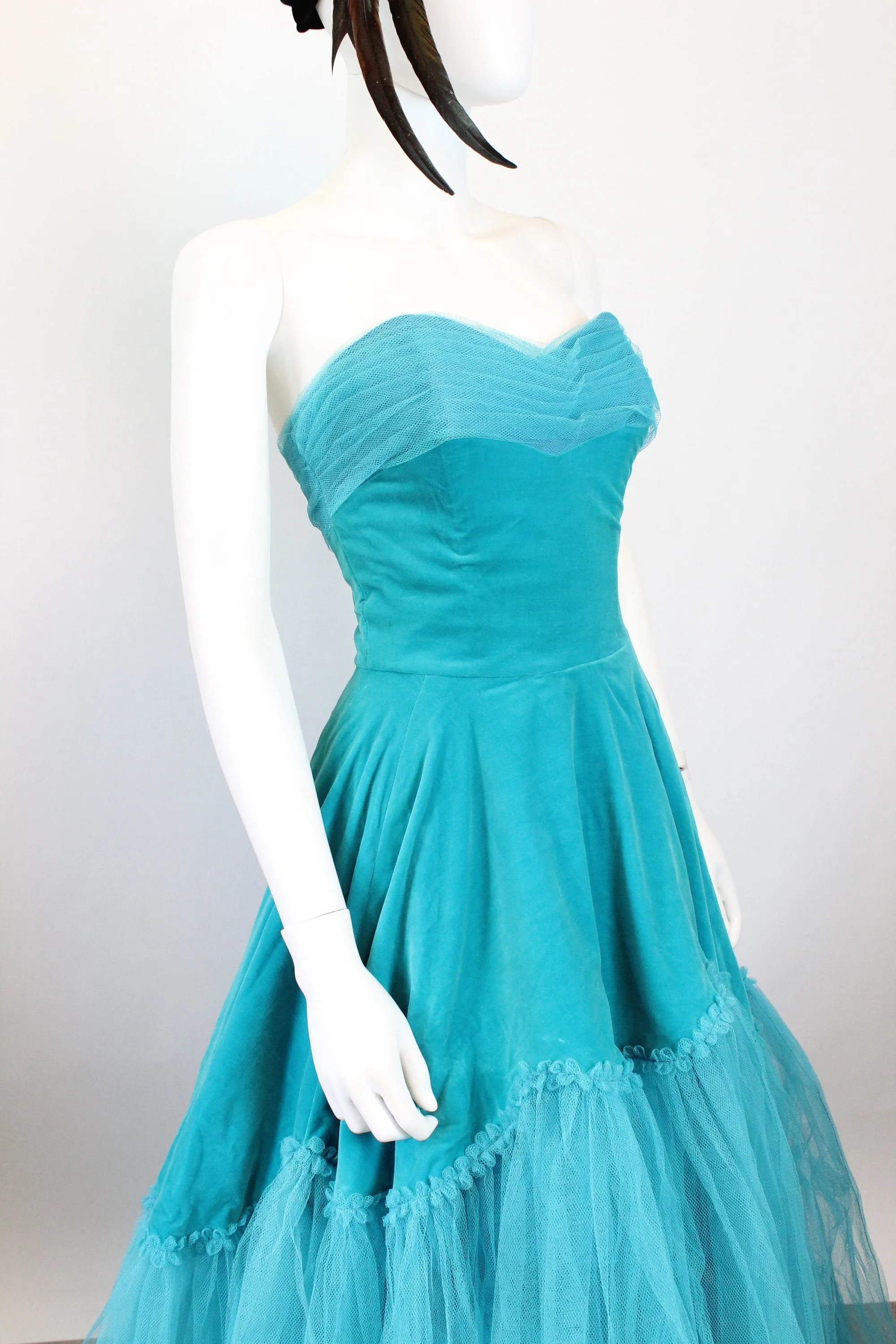 1950s AQUAMARINE TULLE velvet gown dress xs | new fall