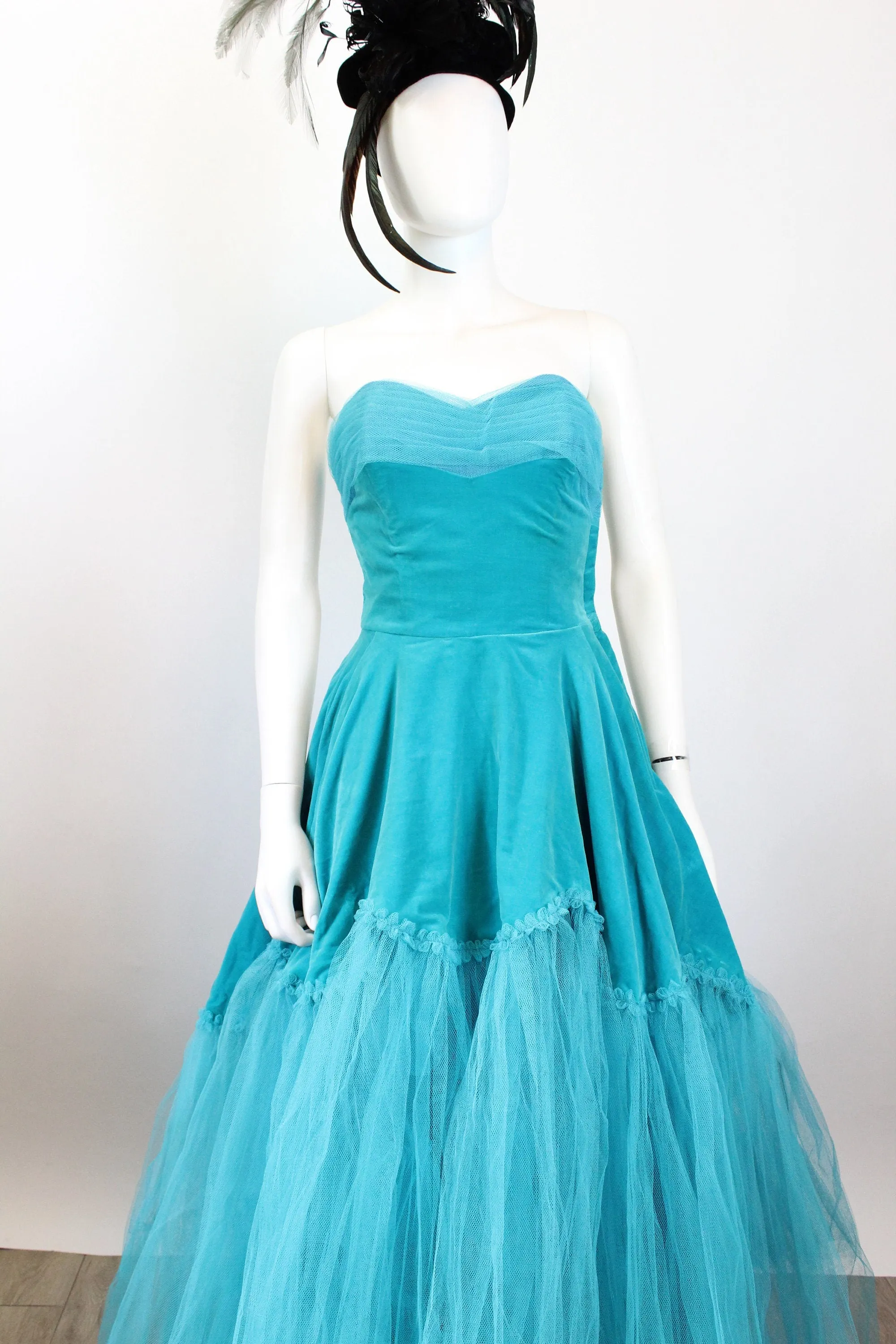 1950s AQUAMARINE TULLE velvet gown dress xs | new fall