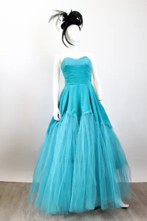 1950s AQUAMARINE TULLE velvet gown dress xs | new fall