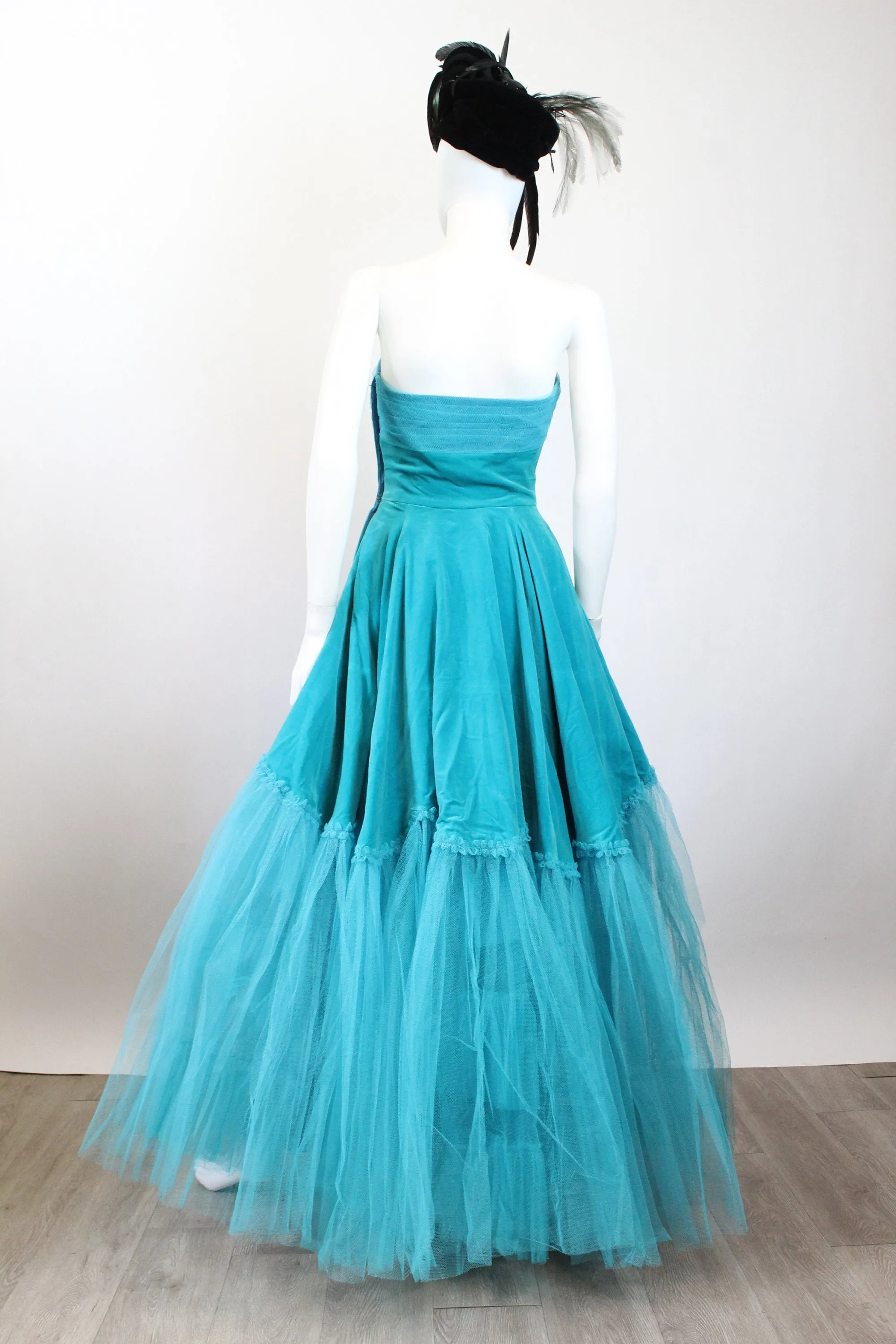 1950s AQUAMARINE TULLE velvet gown dress xs | new fall