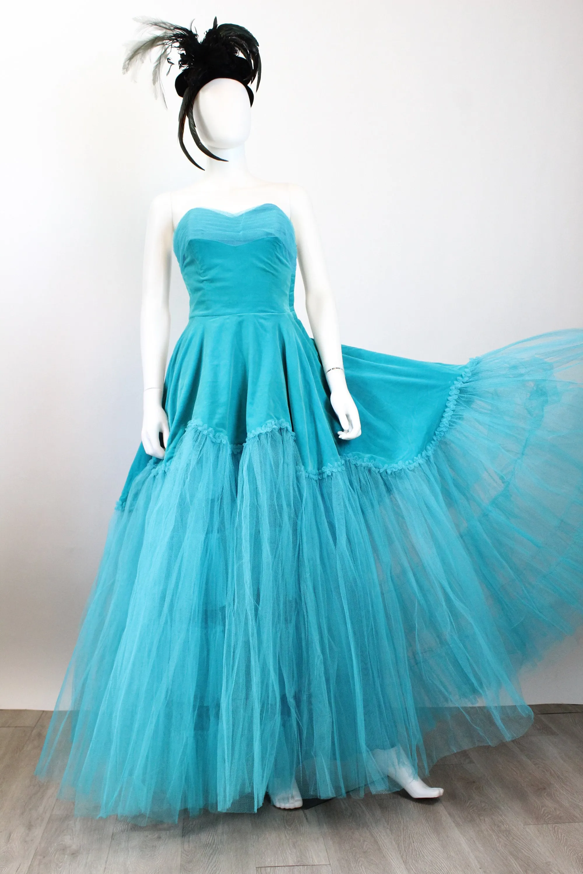 1950s AQUAMARINE TULLE velvet gown dress xs | new fall