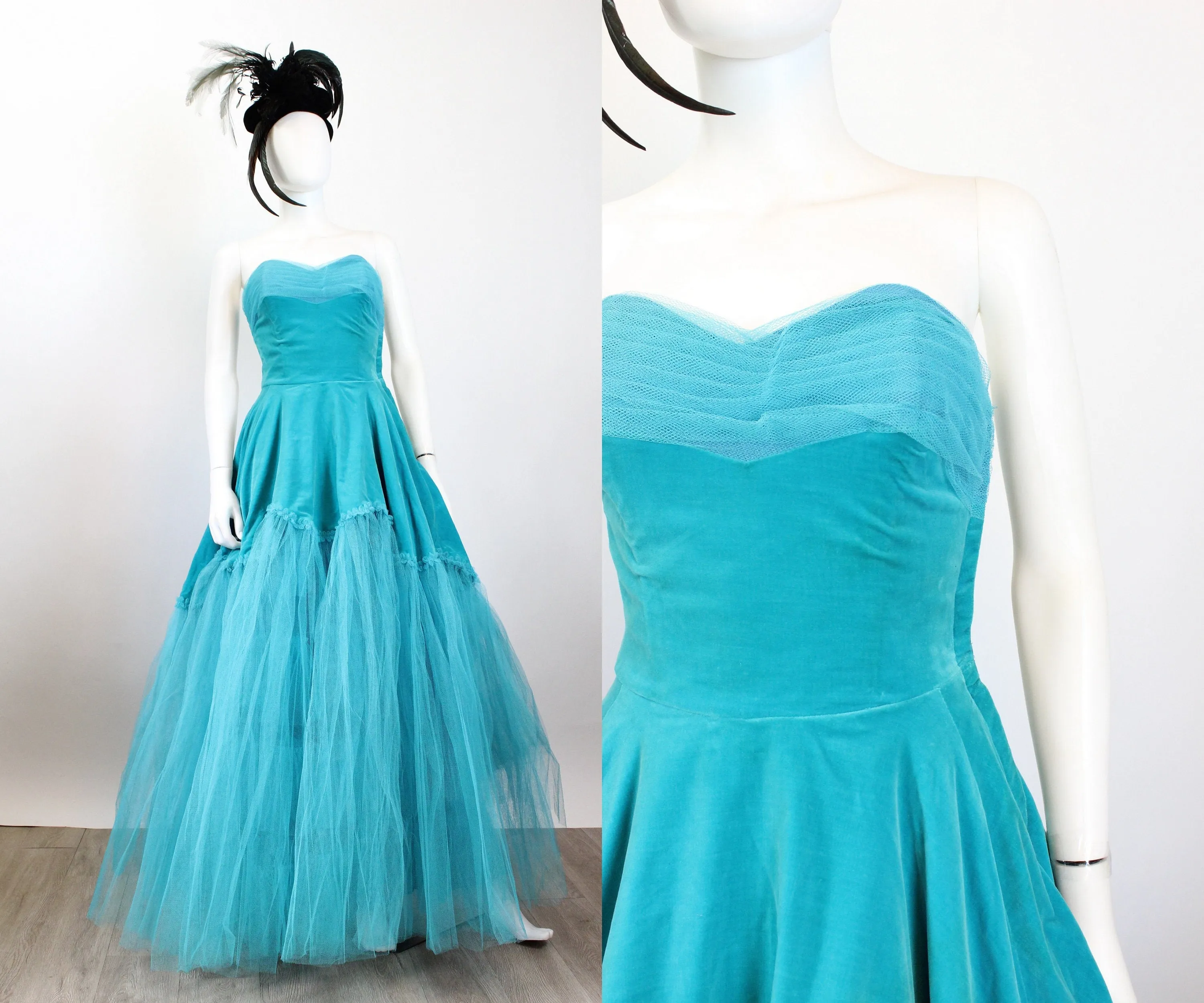 1950s AQUAMARINE TULLE velvet gown dress xs | new fall