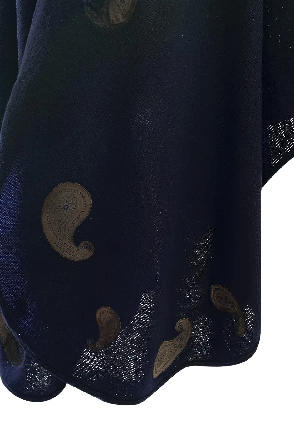 1970s Christian Dior Deep Blue Knit Poncho Cape w Leather Appliqué Work