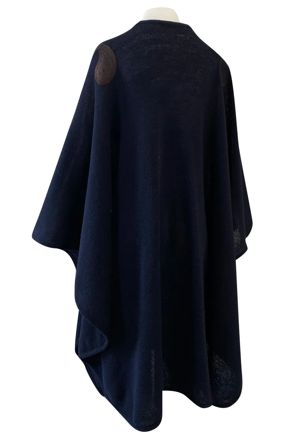 1970s Christian Dior Deep Blue Knit Poncho Cape w Leather Appliqué Work