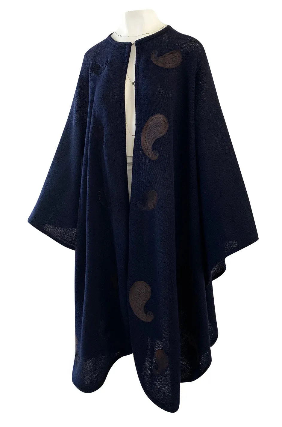 1970s Christian Dior Deep Blue Knit Poncho Cape w Leather Appliqué Work