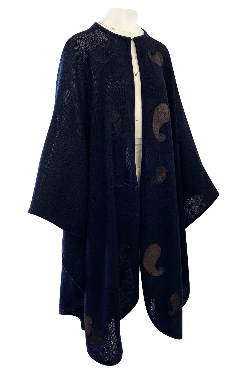 1970s Christian Dior Deep Blue Knit Poncho Cape w Leather Appliqué Work