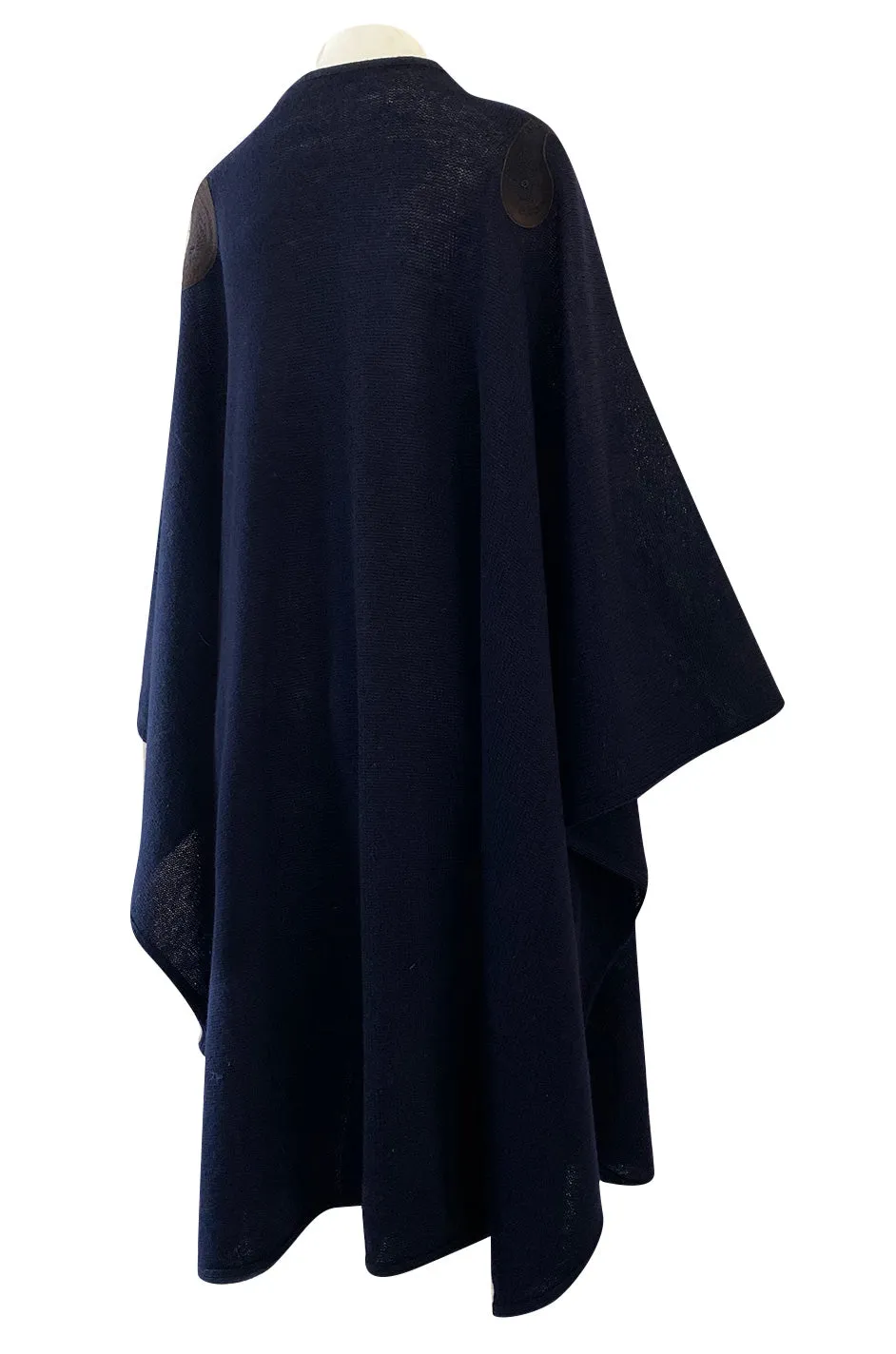 1970s Christian Dior Deep Blue Knit Poncho Cape w Leather Appliqué Work