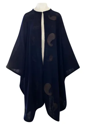 1970s Christian Dior Deep Blue Knit Poncho Cape w Leather Appliqué Work