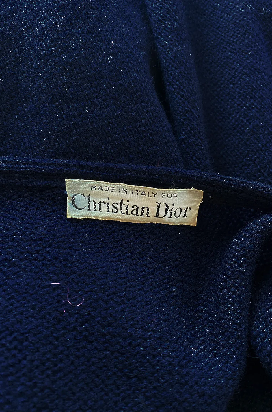 1970s Christian Dior Deep Blue Knit Poncho Cape w Leather Appliqué Work