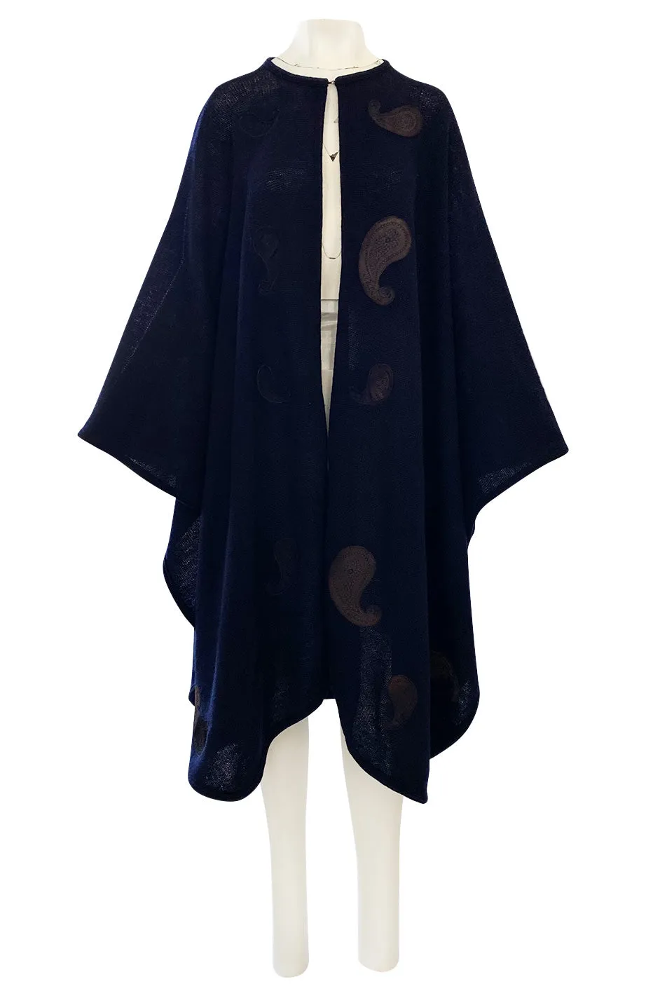 1970s Christian Dior Deep Blue Knit Poncho Cape w Leather Appliqué Work