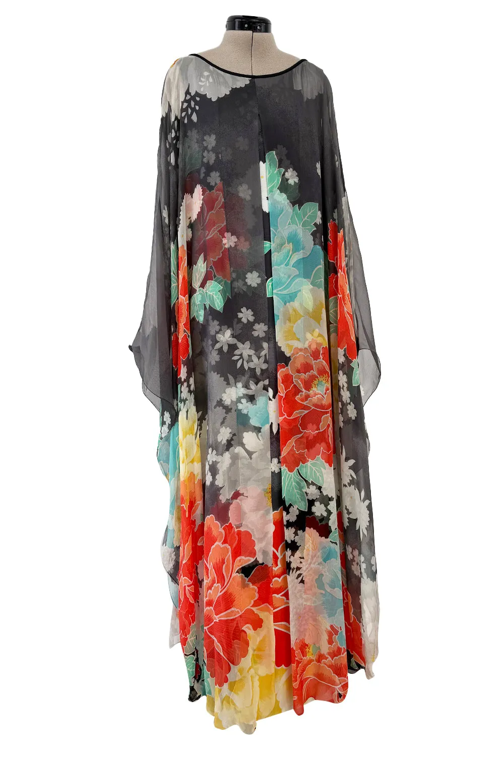 1970s Hanae Mori Silk Twill & Chiffon Caped Overlay Caftan Dress
