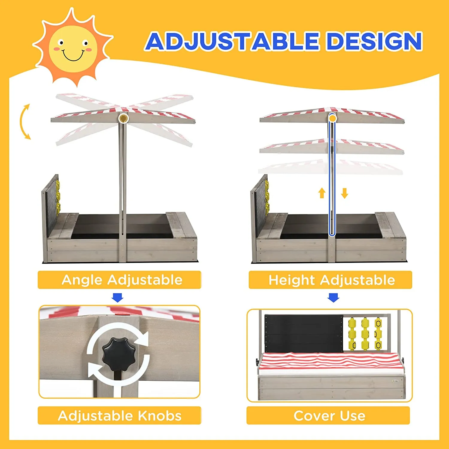 3-in-1 Montessori Eco Natural Fir Wood Sandpit | Blackboard | Game with Sun Canopy & Cover | 3-8 Years