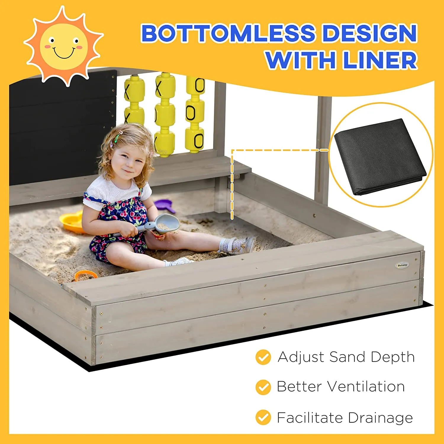 3-in-1 Montessori Eco Natural Fir Wood Sandpit | Blackboard | Game with Sun Canopy & Cover | 3-8 Years