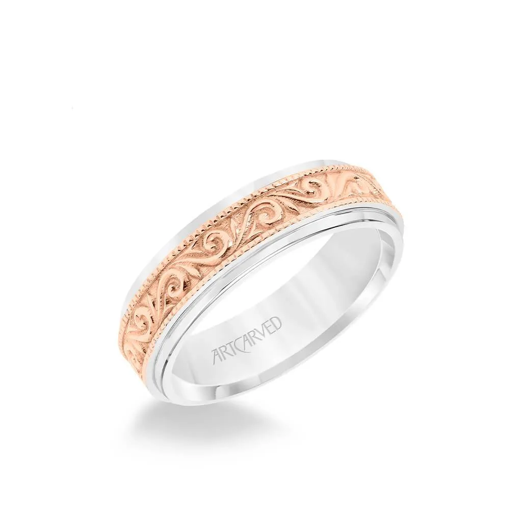 6.5MM Men's Wedding Band - Engraved Paisley Design with Milgrain Detail and Round Edge