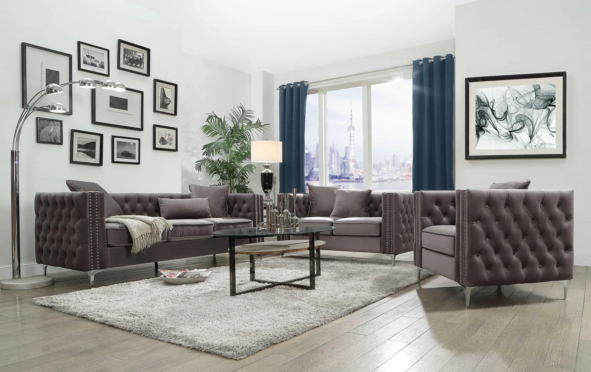 86" X 34" X 30" Dark Gray Velvet Sofa