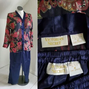 90s Vintage Gold Label Victoria's Secret Satin Floral Pajama Pants &amp; Top Set