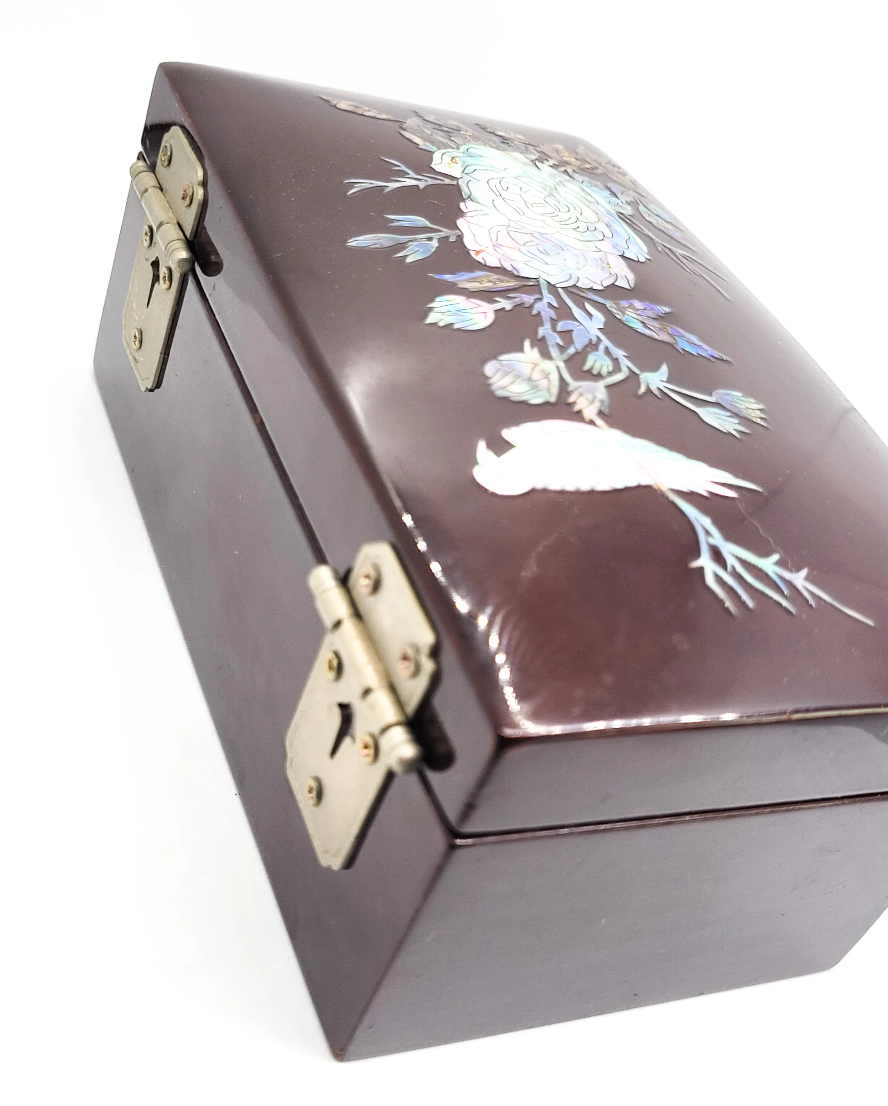 Abalone shell inlay bird and roses vintage flower red wood lacquer jewelry box