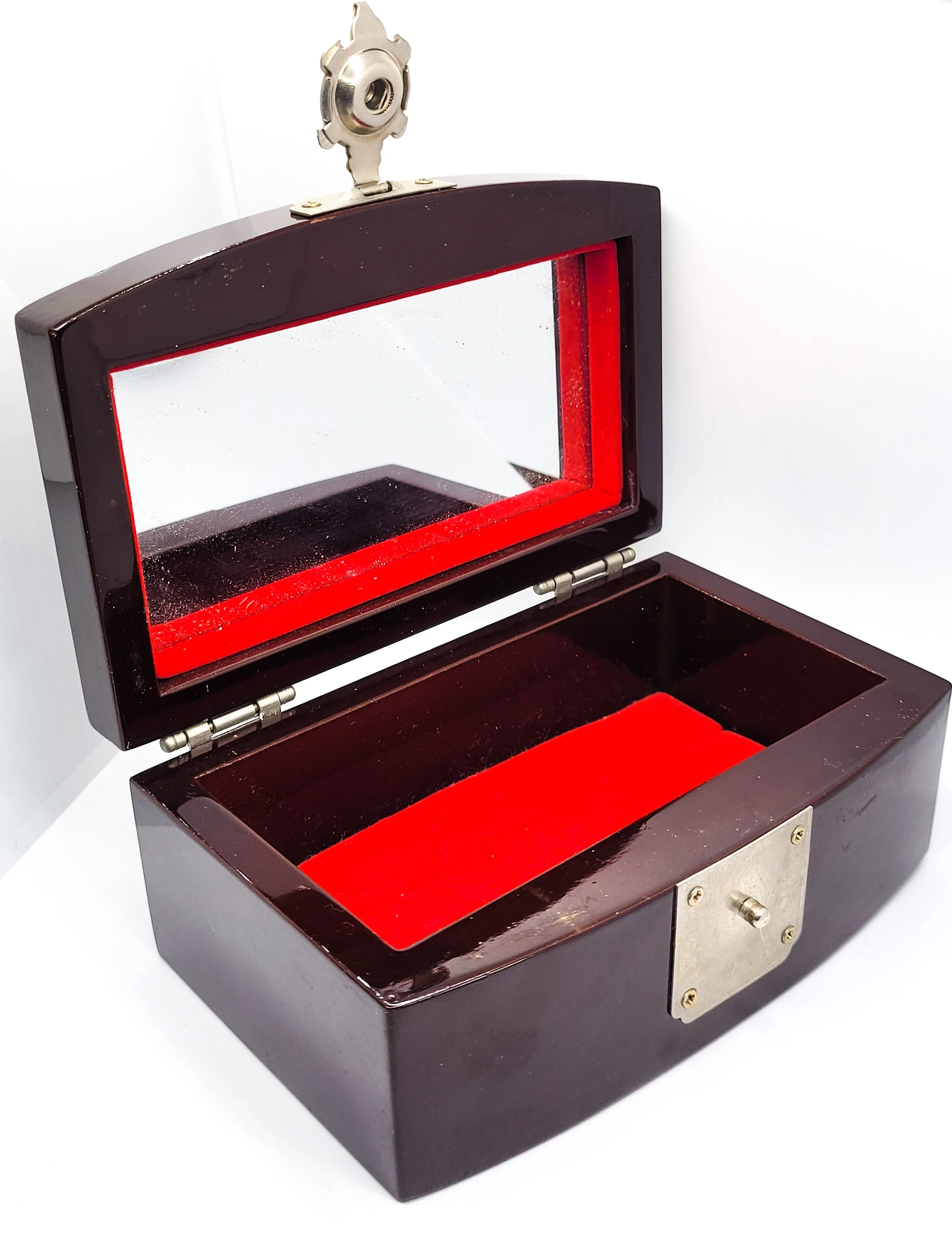 Abalone shell inlay bird and roses vintage flower red wood lacquer jewelry box