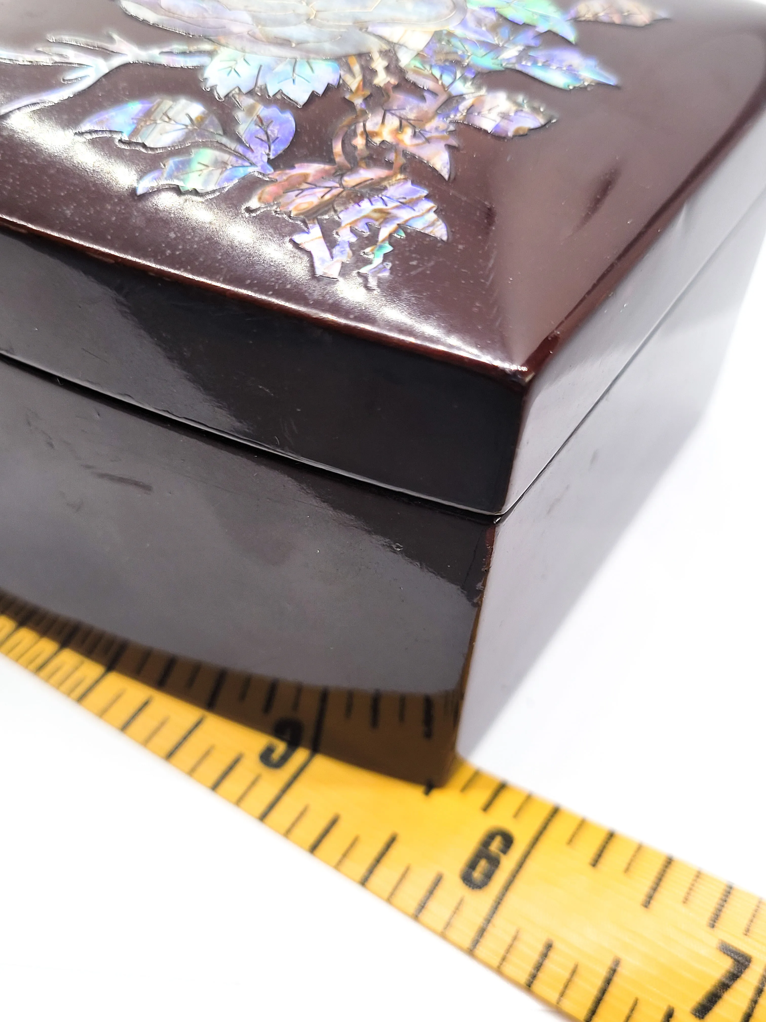 Abalone shell inlay bird and roses vintage flower red wood lacquer jewelry box
