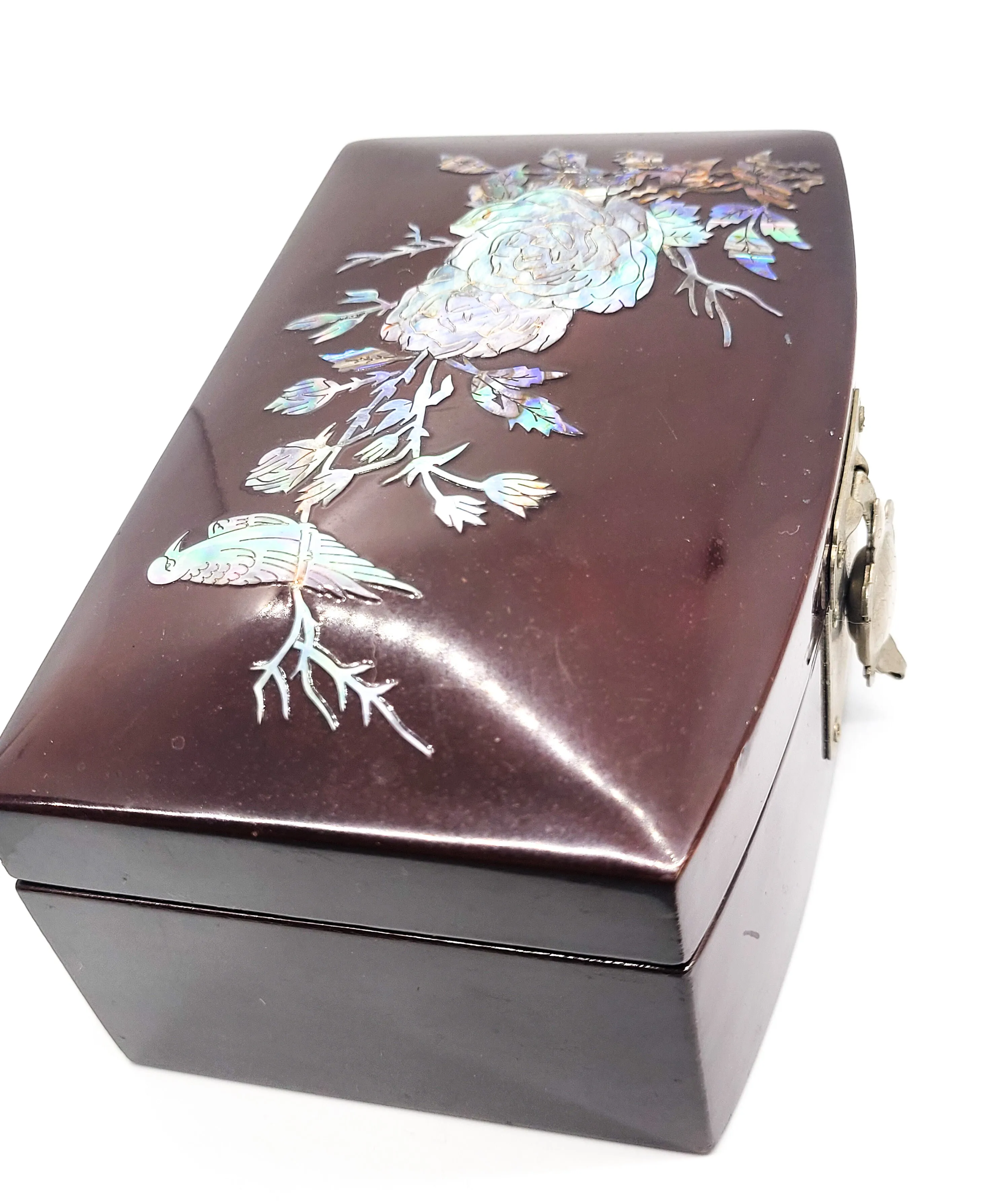 Abalone shell inlay bird and roses vintage flower red wood lacquer jewelry box