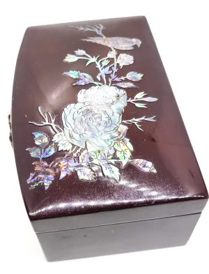 Abalone shell inlay bird and roses vintage flower red wood lacquer jewelry box