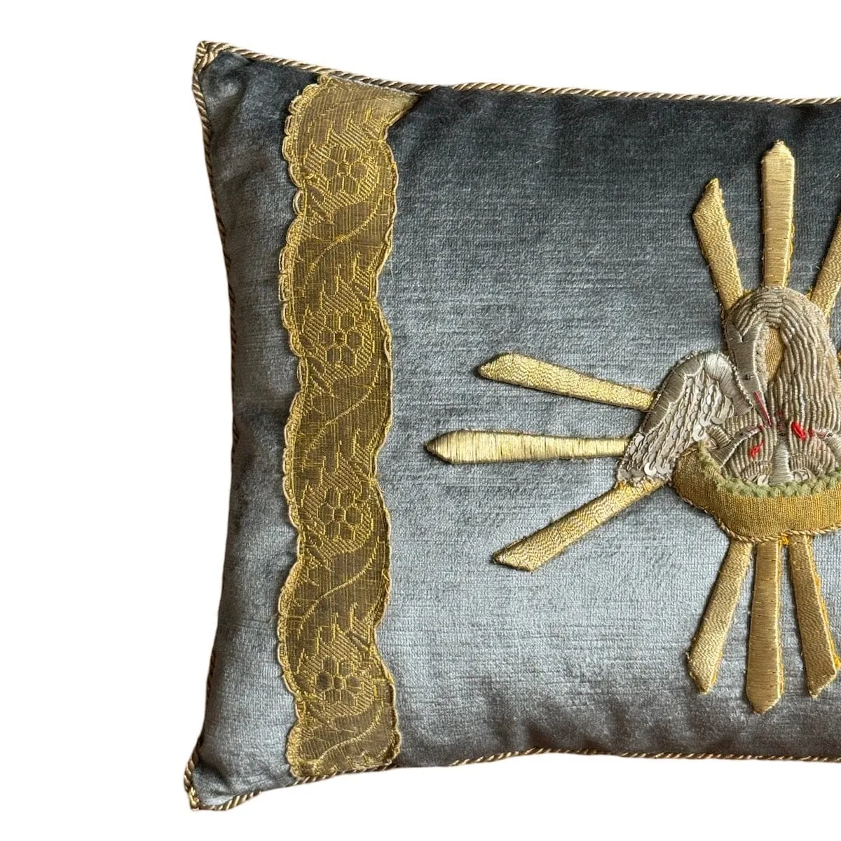 Antique Ecclesiastic Gold & Silver Metallic Embroidered Appliqué on Silver Velvet (#A052924 | 13 1/4 x 19")