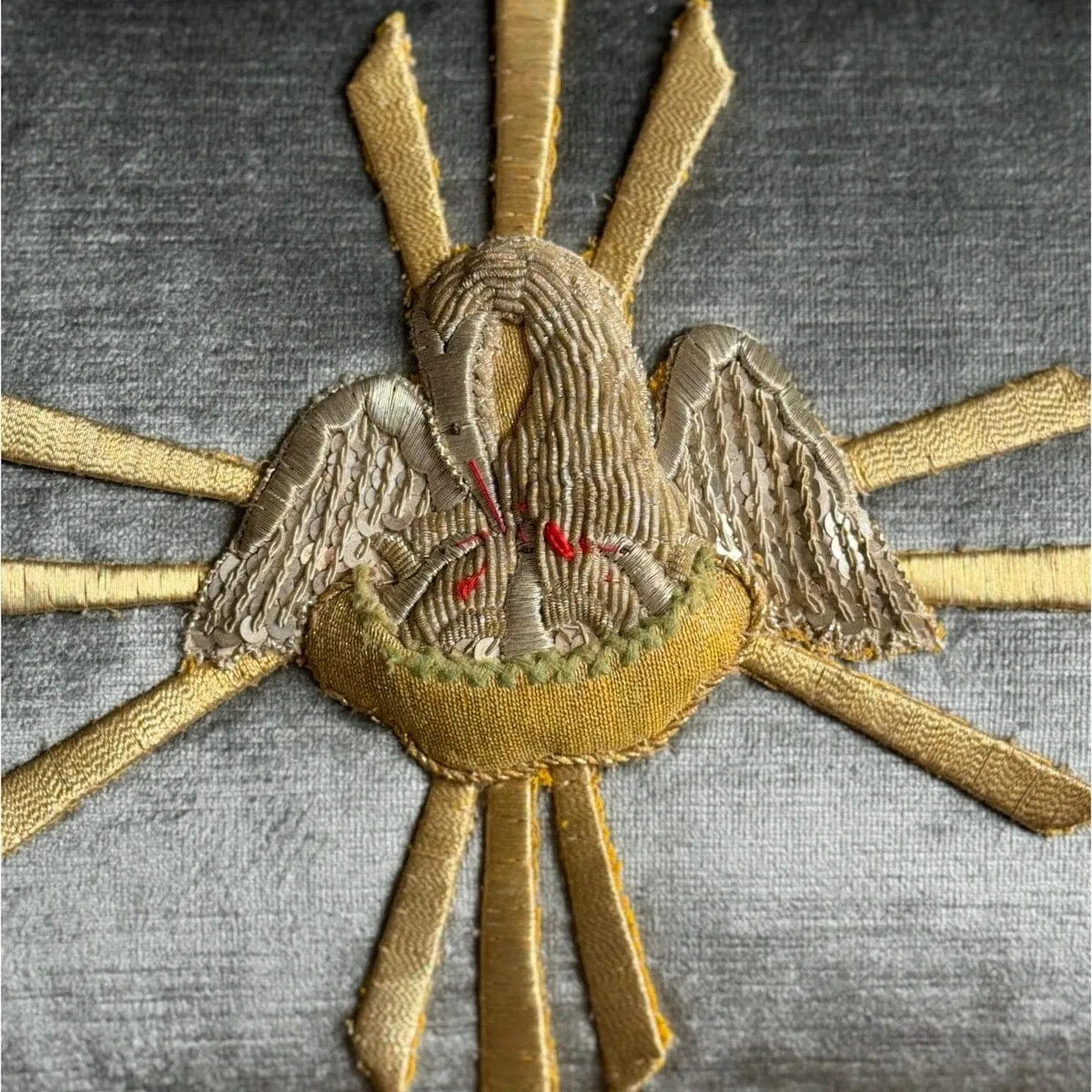 Antique Ecclesiastic Gold & Silver Metallic Embroidered Appliqué on Silver Velvet (#A052924 | 13 1/4 x 19")