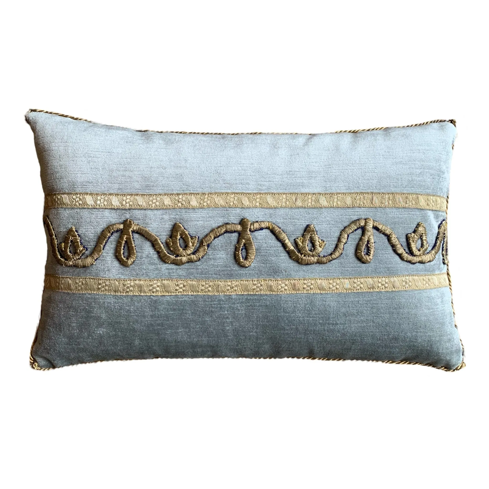 Antique Ottoman Empire Raised Champagne Gold Embroidery on Icy Blue Velvet (#E081124A&B | 10 1/2 x 17")
