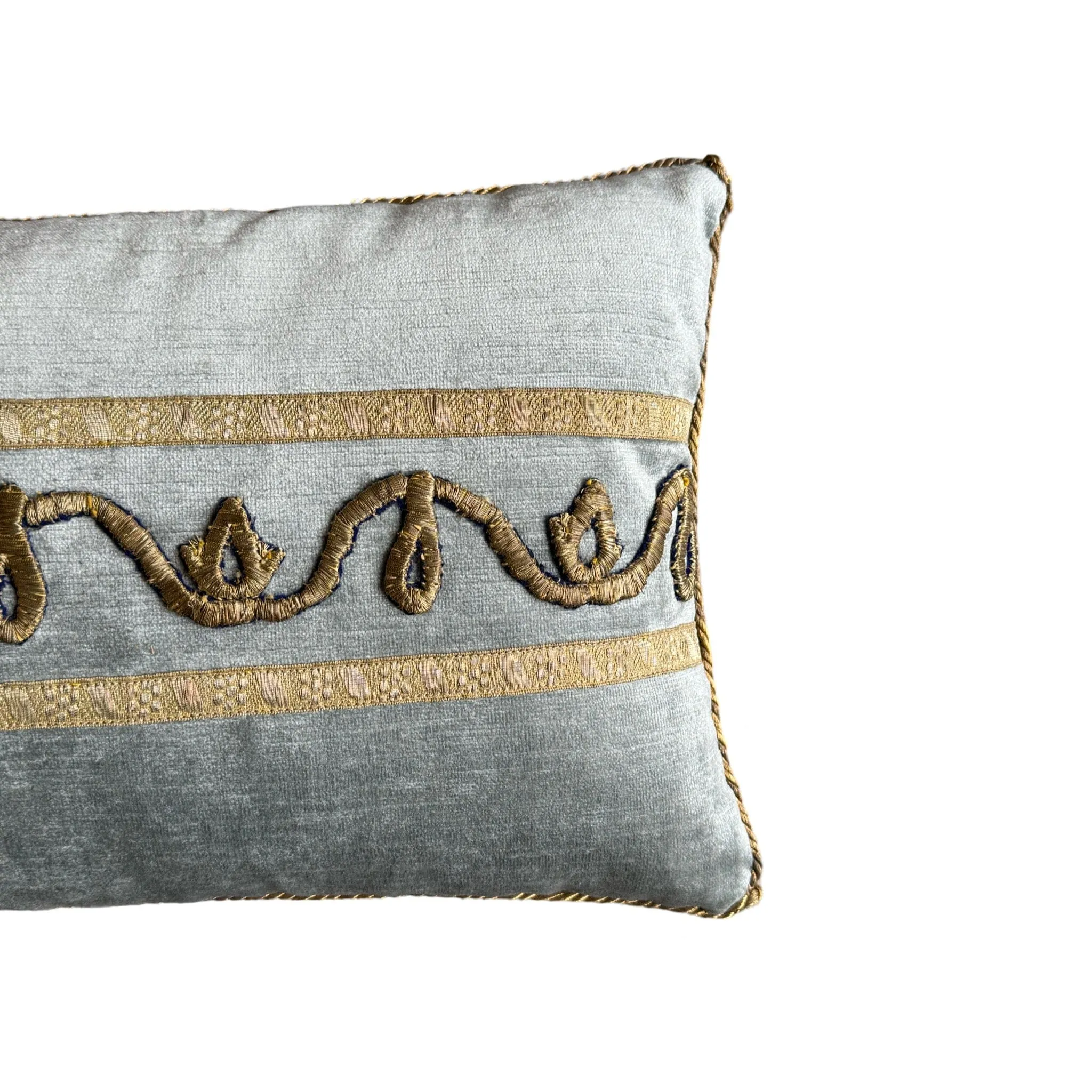 Antique Ottoman Empire Raised Champagne Gold Embroidery on Icy Blue Velvet (#E081124A&B | 10 1/2 x 17")