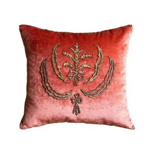 Antique Ottoman Empire Raised Gold Metallic Embroidery on Coral Velvet (#E101024 | 19 X 20")