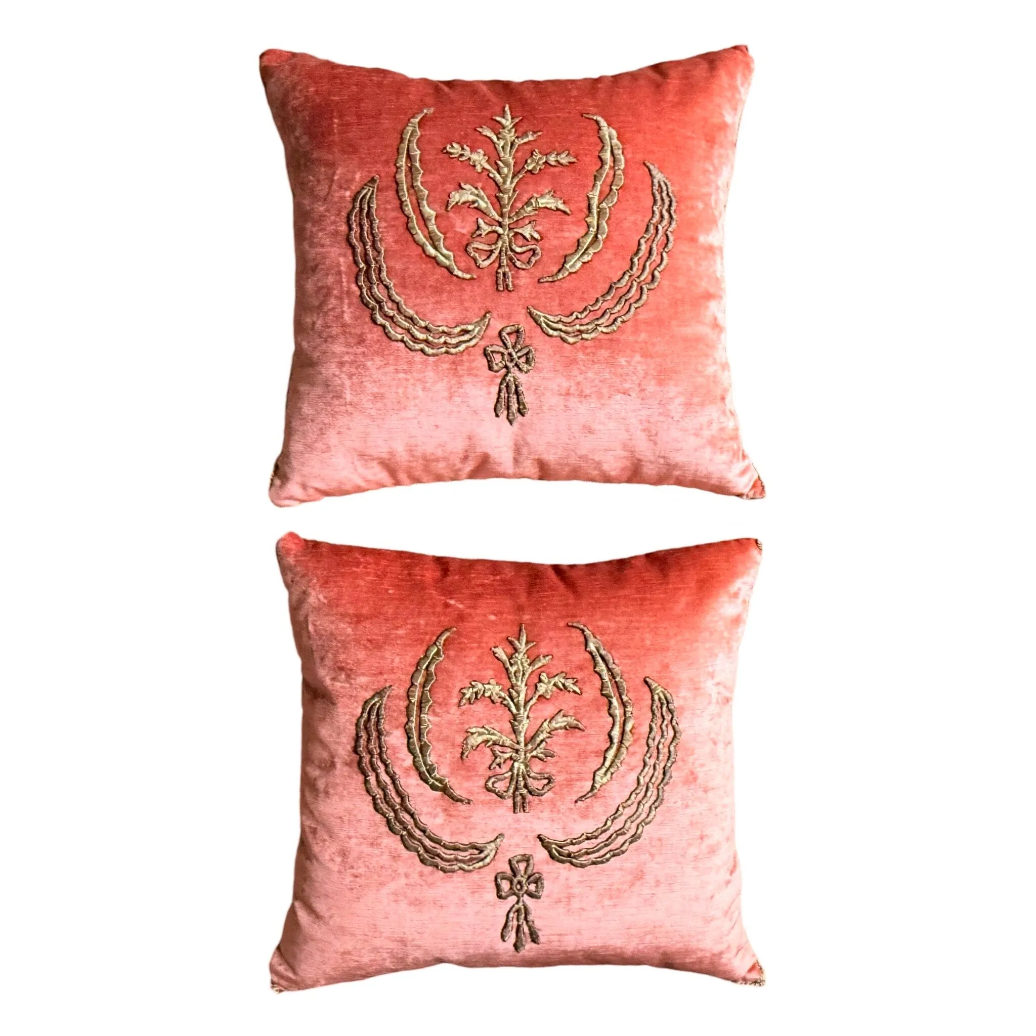 Antique Ottoman Empire Raised Gold Metallic Embroidery on Coral Velvet (#E101024 | 19 X 20")