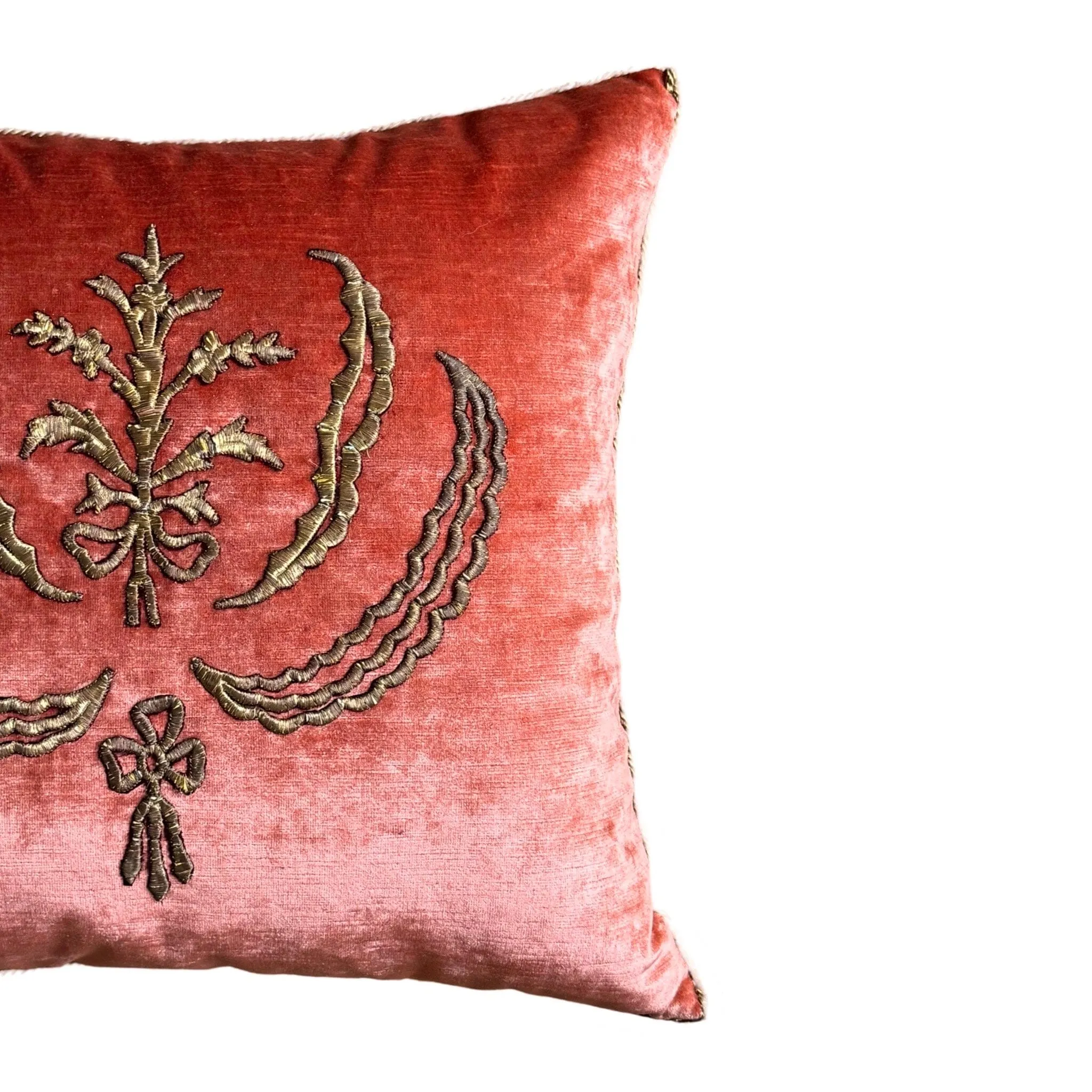 Antique Ottoman Empire Raised Gold Metallic Embroidery on Coral Velvet (#E101024 | 19 X 20")