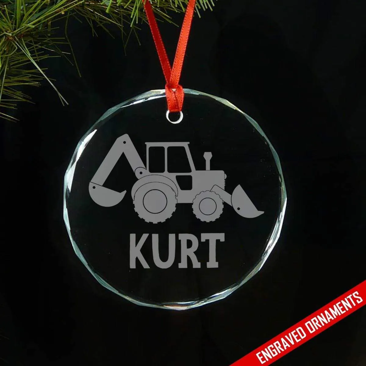 Backhoe Digger CUSTOM Engraved Glass Ornament