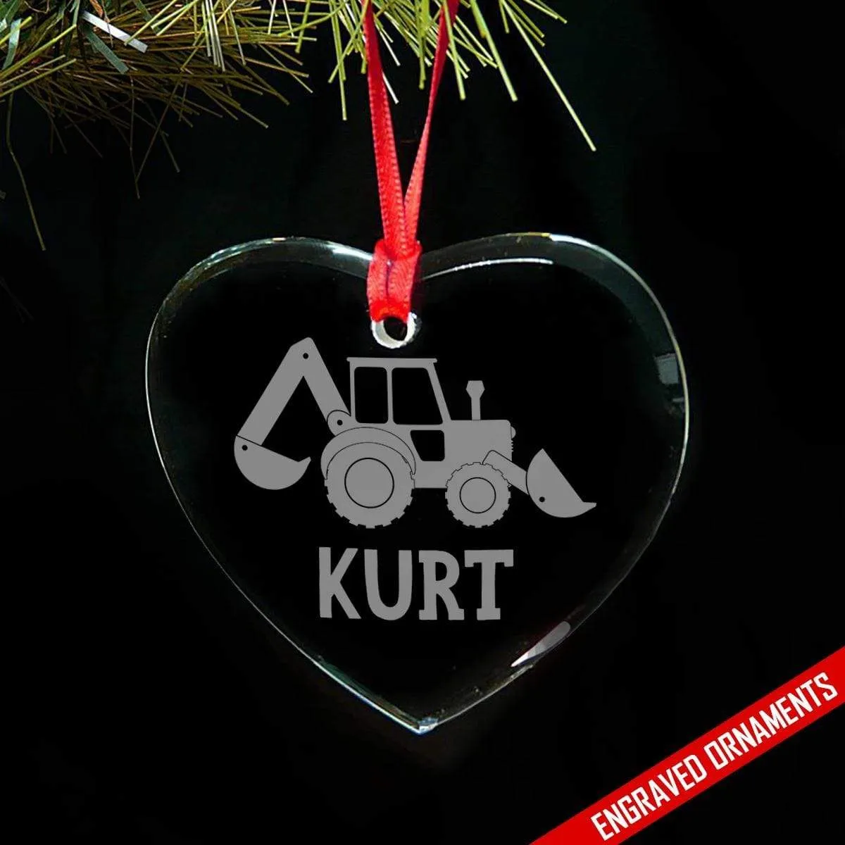 Backhoe Digger CUSTOM Engraved Glass Ornament