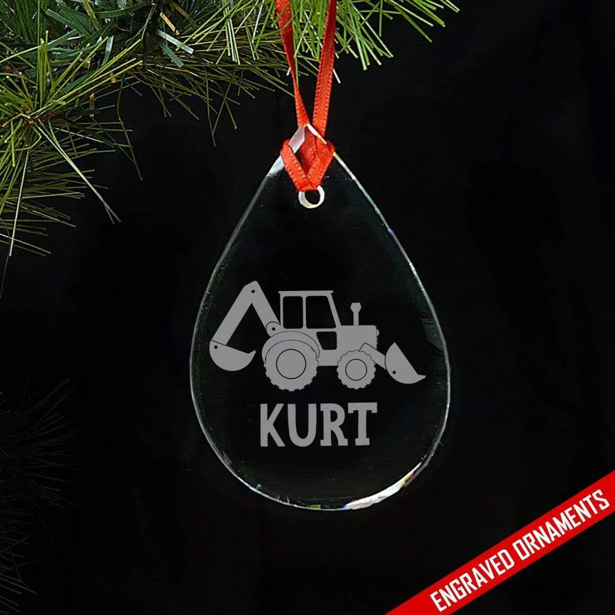 Backhoe Digger CUSTOM Engraved Glass Ornament