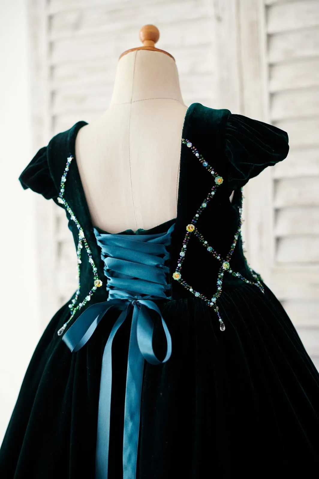 Beaded Green Velvet Corset Back Cap Sleeves Wedding Flower Girl Dress