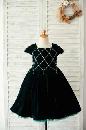 Beaded Green Velvet Corset Back Cap Sleeves Wedding Flower Girl Dress