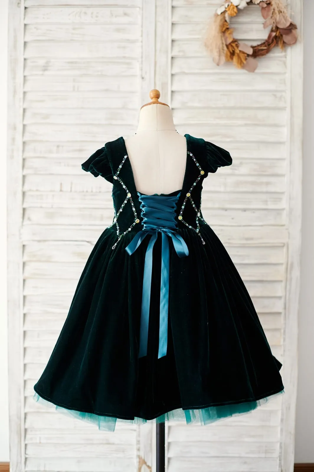 Beaded Green Velvet Corset Back Cap Sleeves Wedding Flower Girl Dress