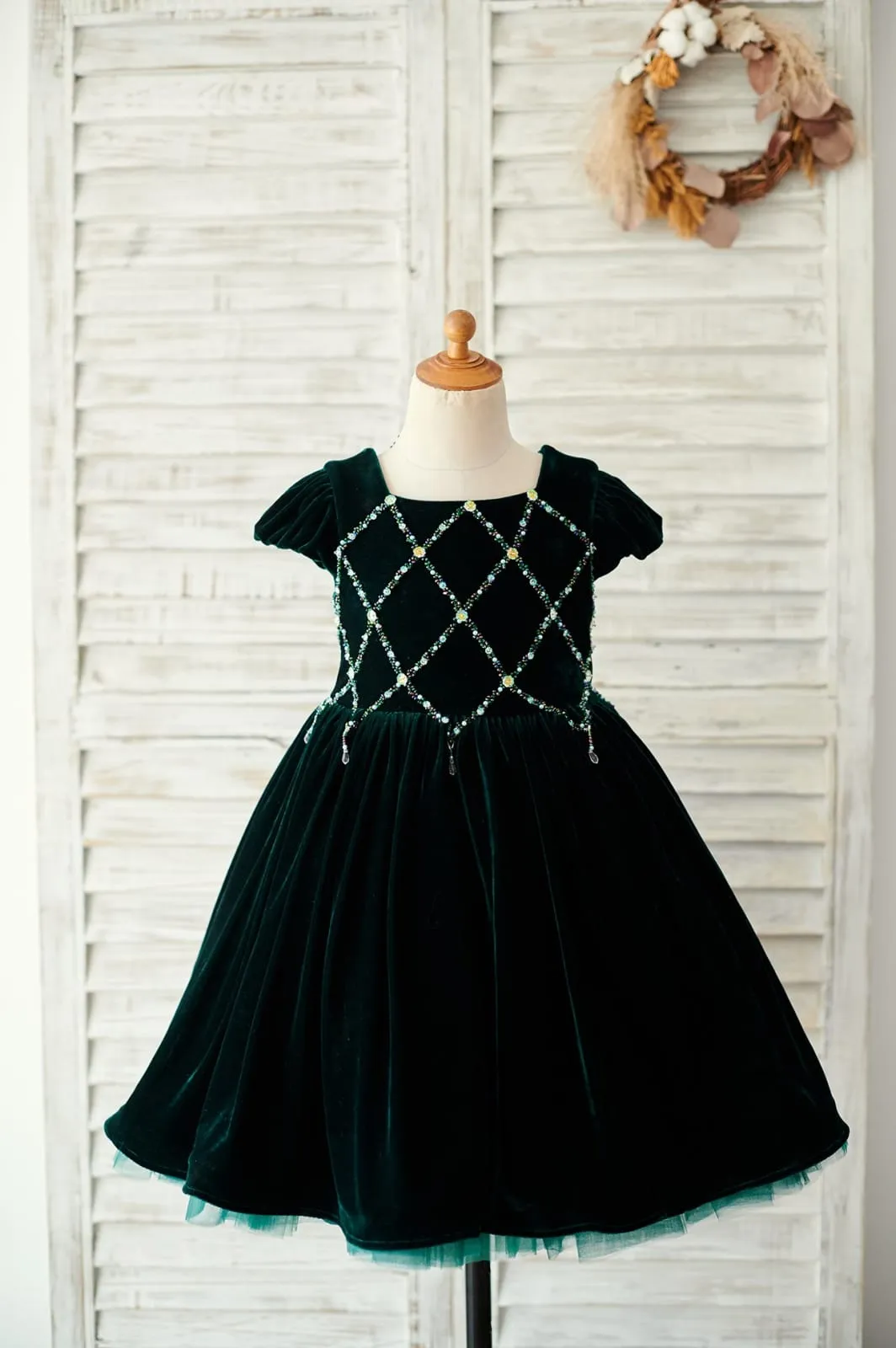 Beaded Green Velvet Corset Back Cap Sleeves Wedding Flower Girl Dress