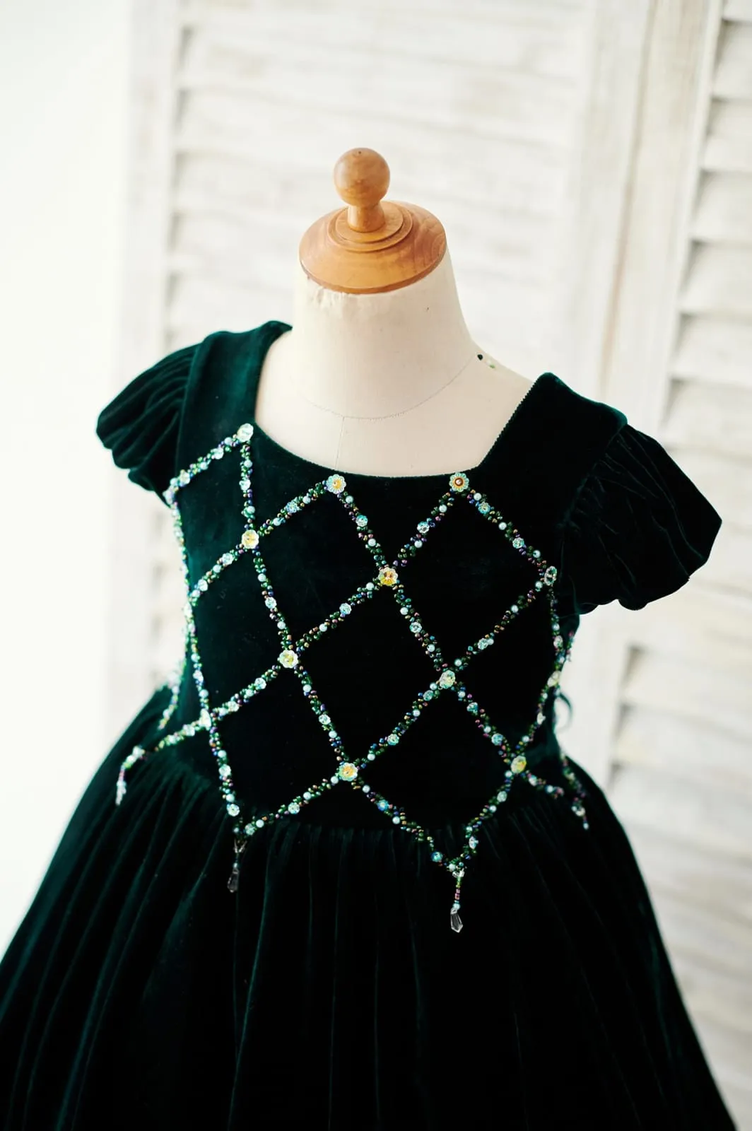 Beaded Green Velvet Corset Back Cap Sleeves Wedding Flower Girl Dress