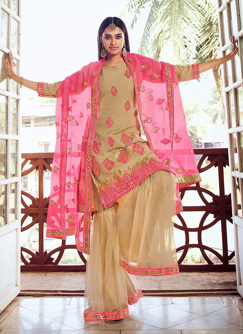 Beige And Pink Mirror Embroidered Gharara Suit