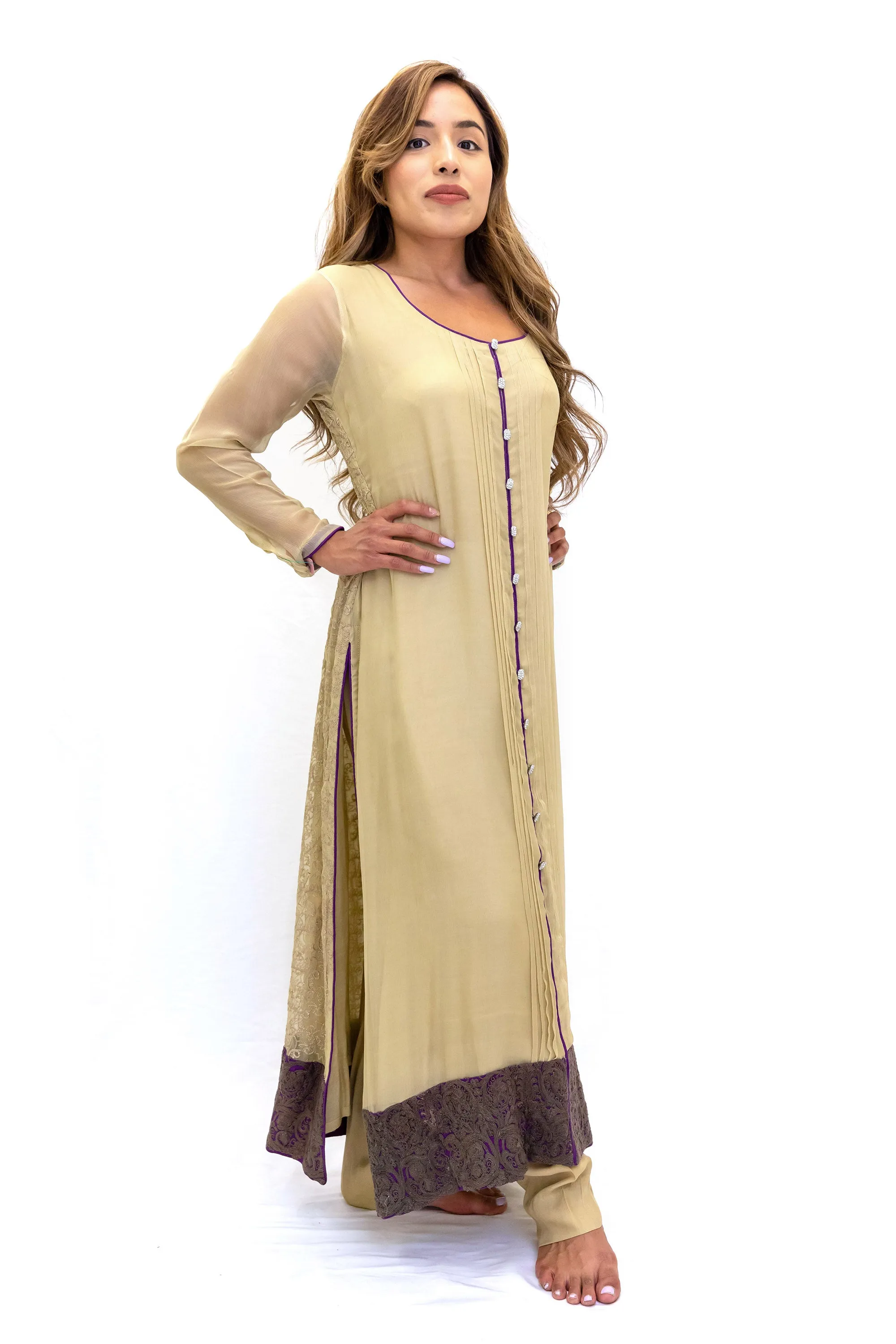 Beige Chiffon Silk Salwar Kameez - Suit