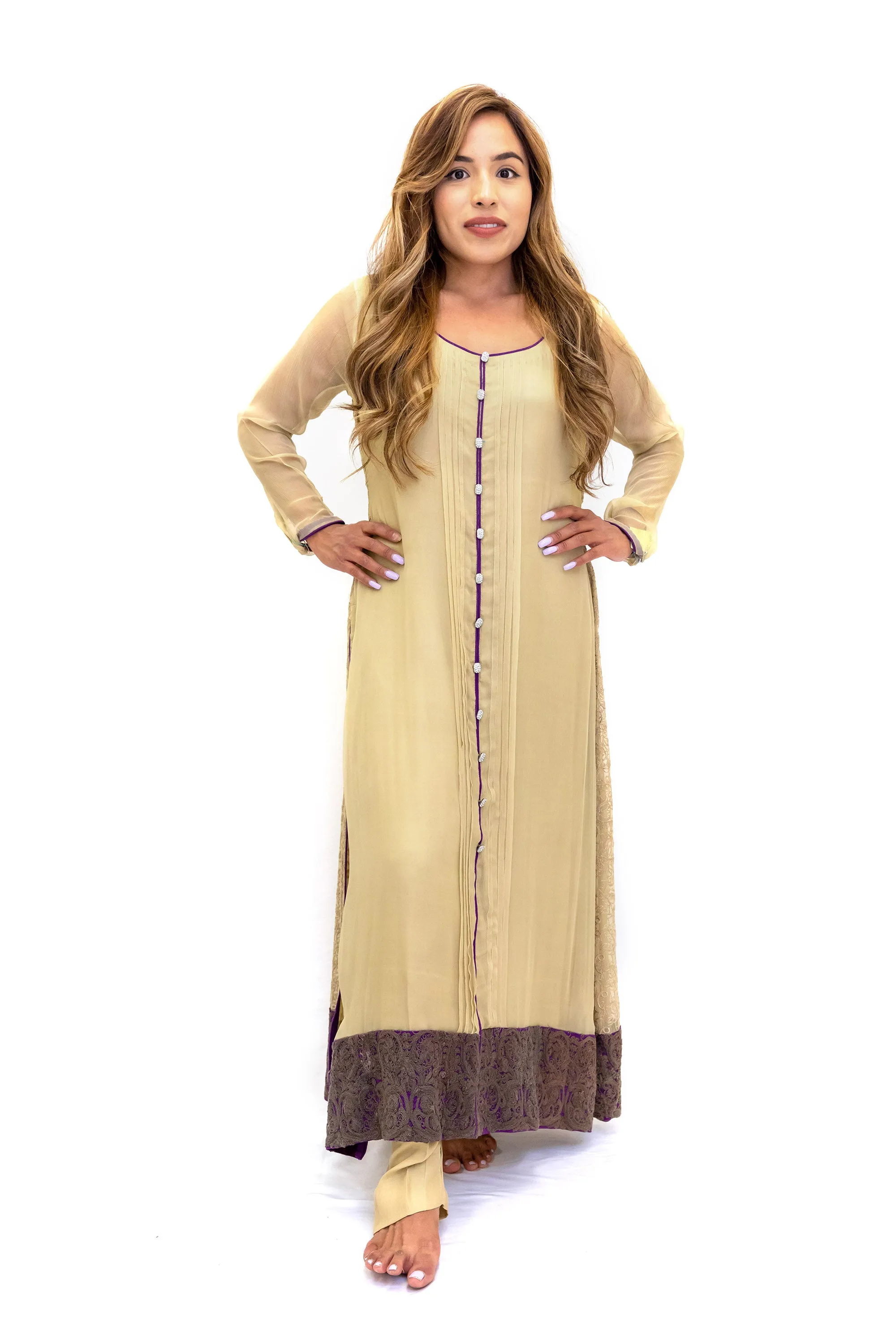 Beige Chiffon Silk Salwar Kameez - Suit