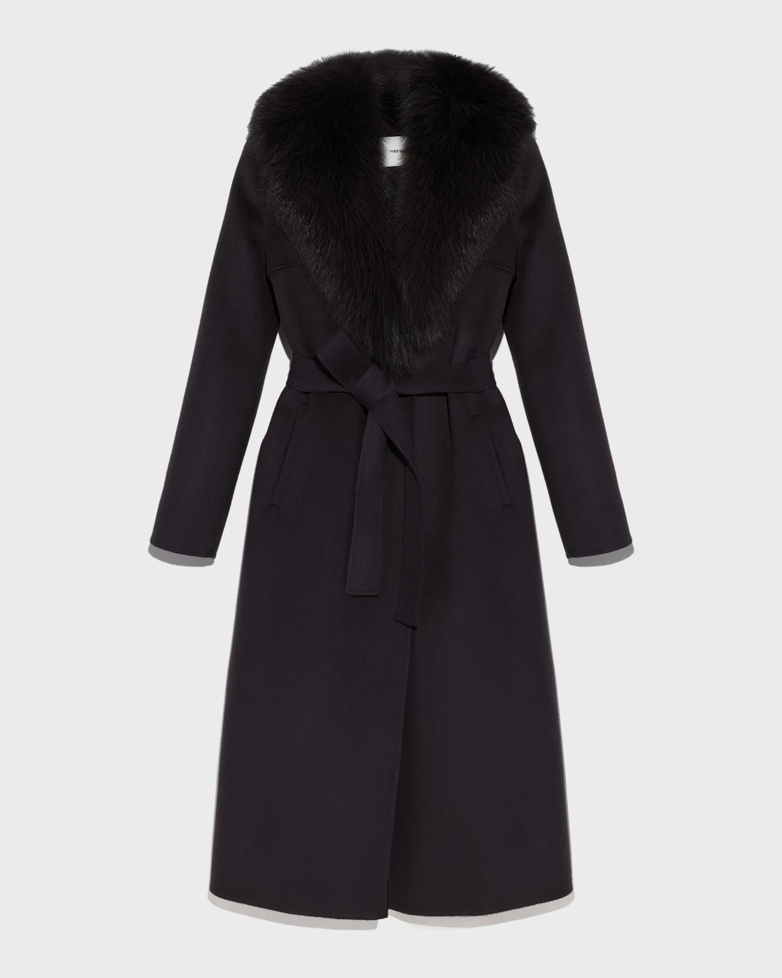Belted coat in cashmere wool with fox fur collar and lapel