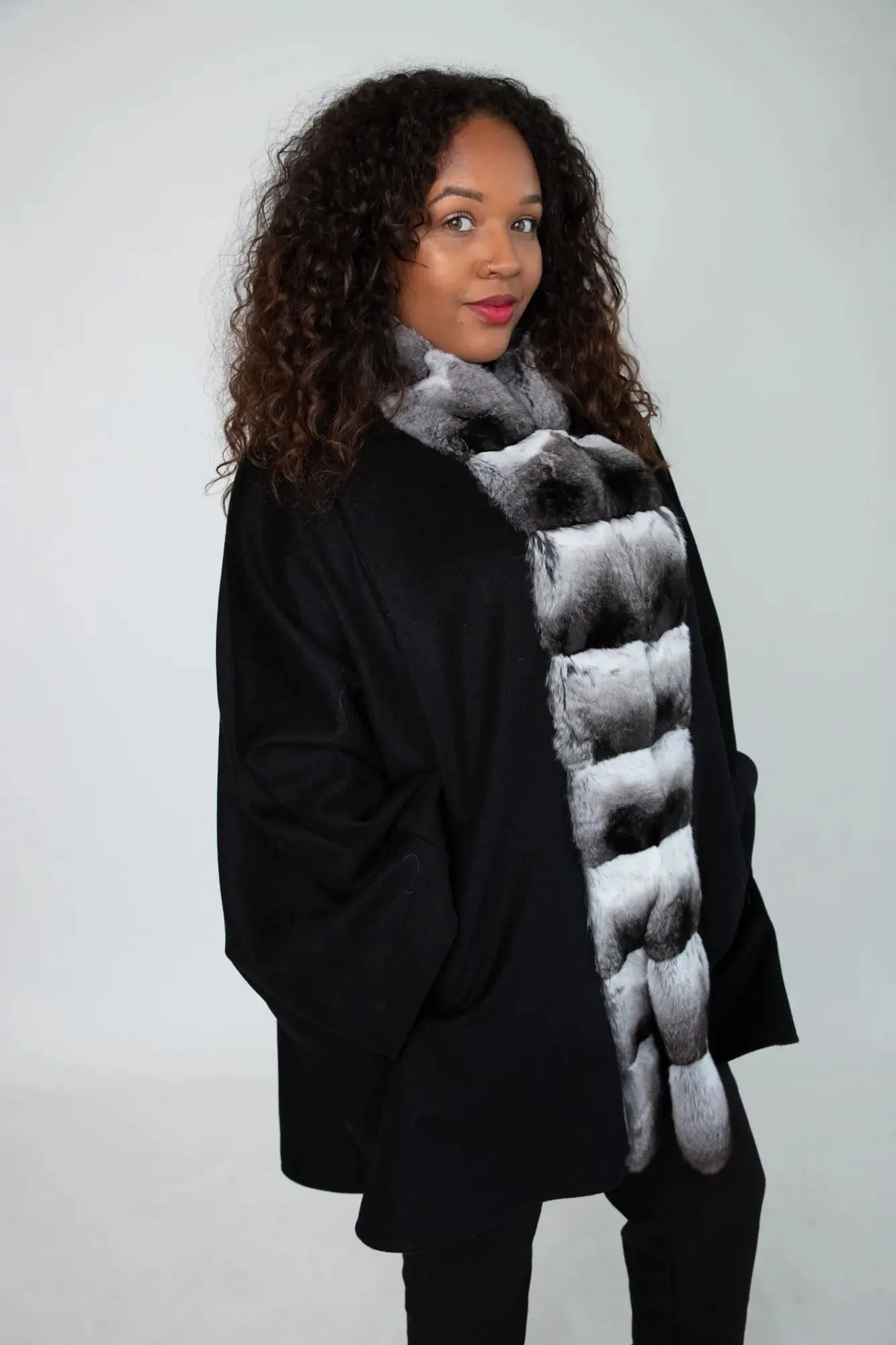 Black Cashmere Cape with Chinchilla Trim