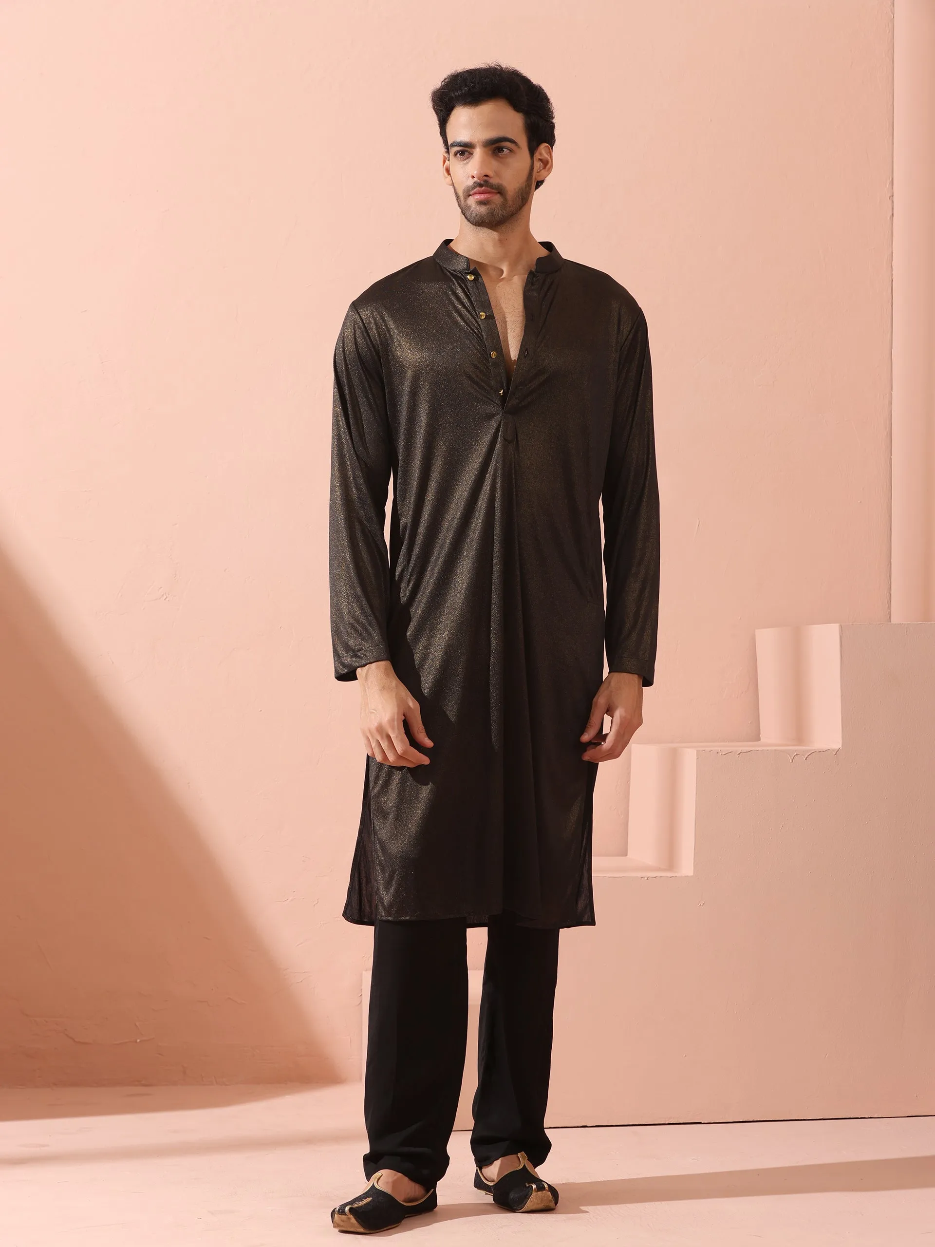 Black Gold Knit Kurta with Gold Buttons