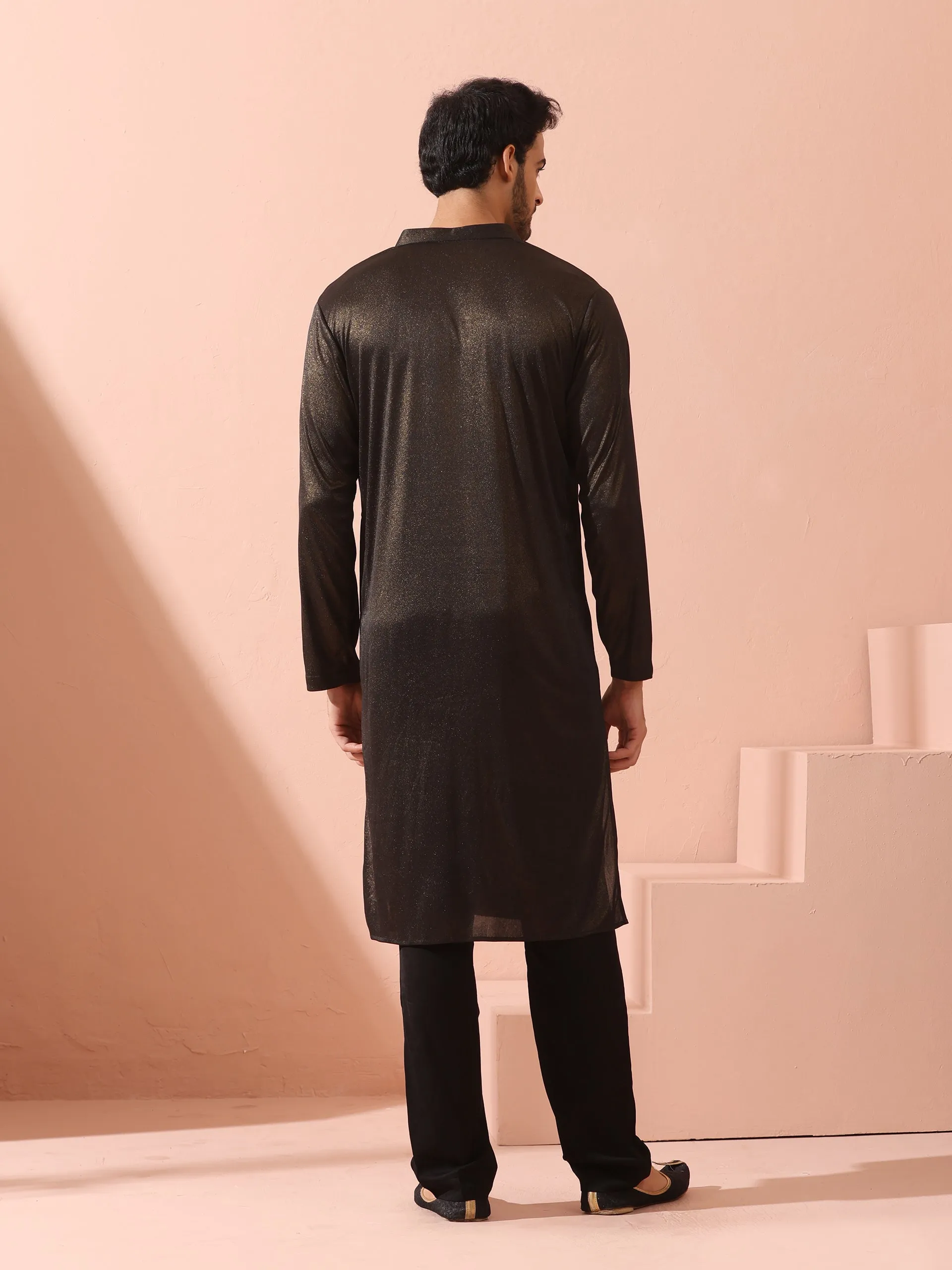 Black Gold Knit Kurta with Gold Buttons