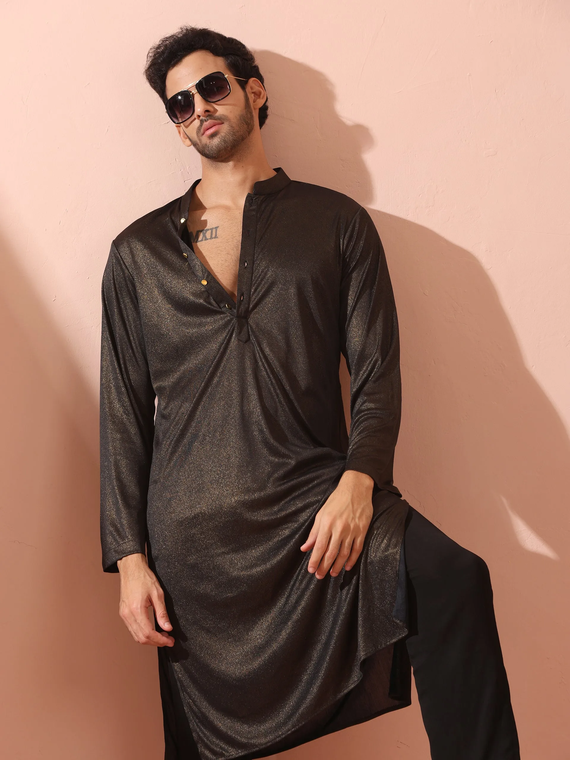 Black Gold Knit Kurta with Gold Buttons