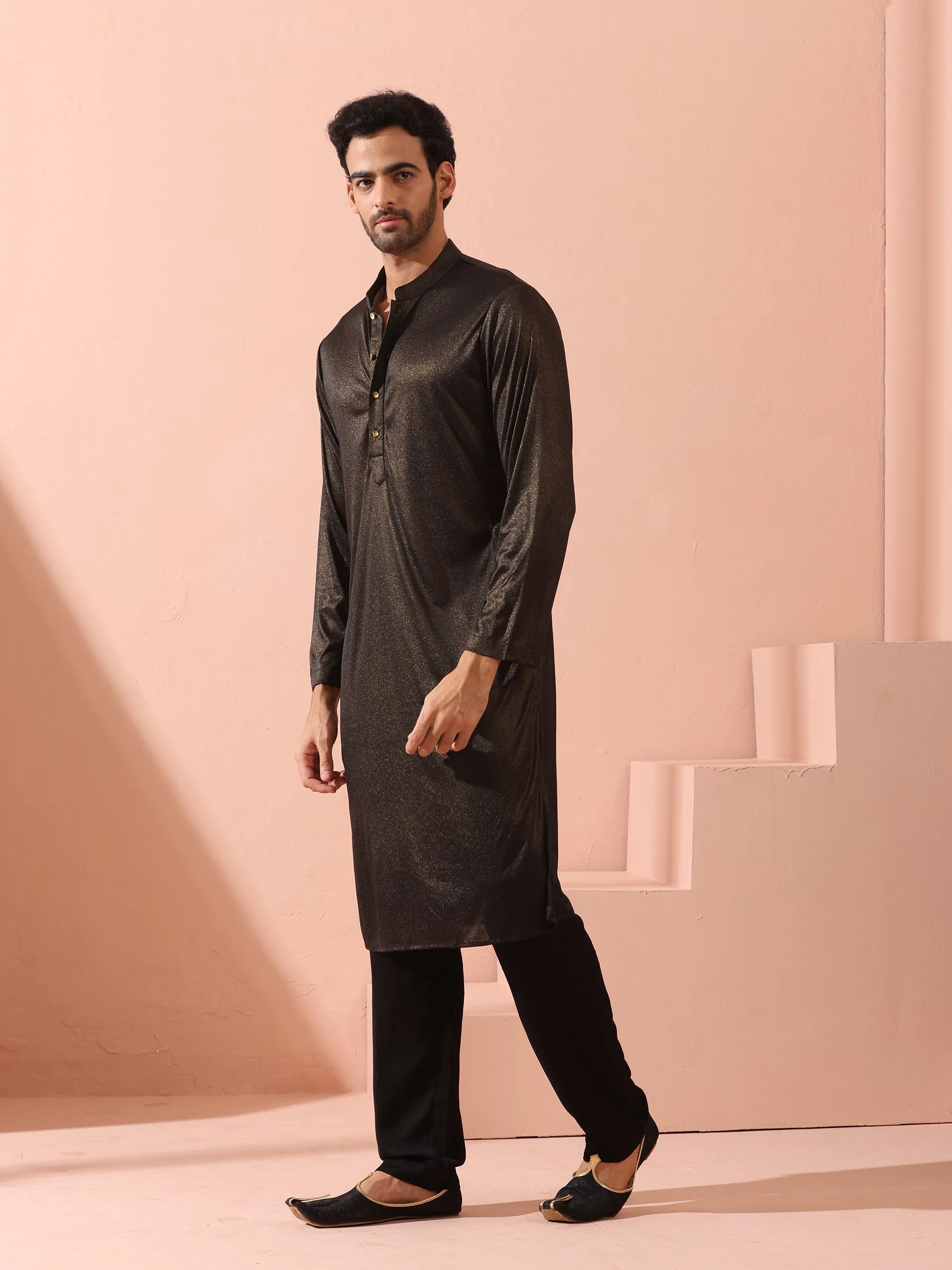 Black Gold Knit Kurta with Gold Buttons