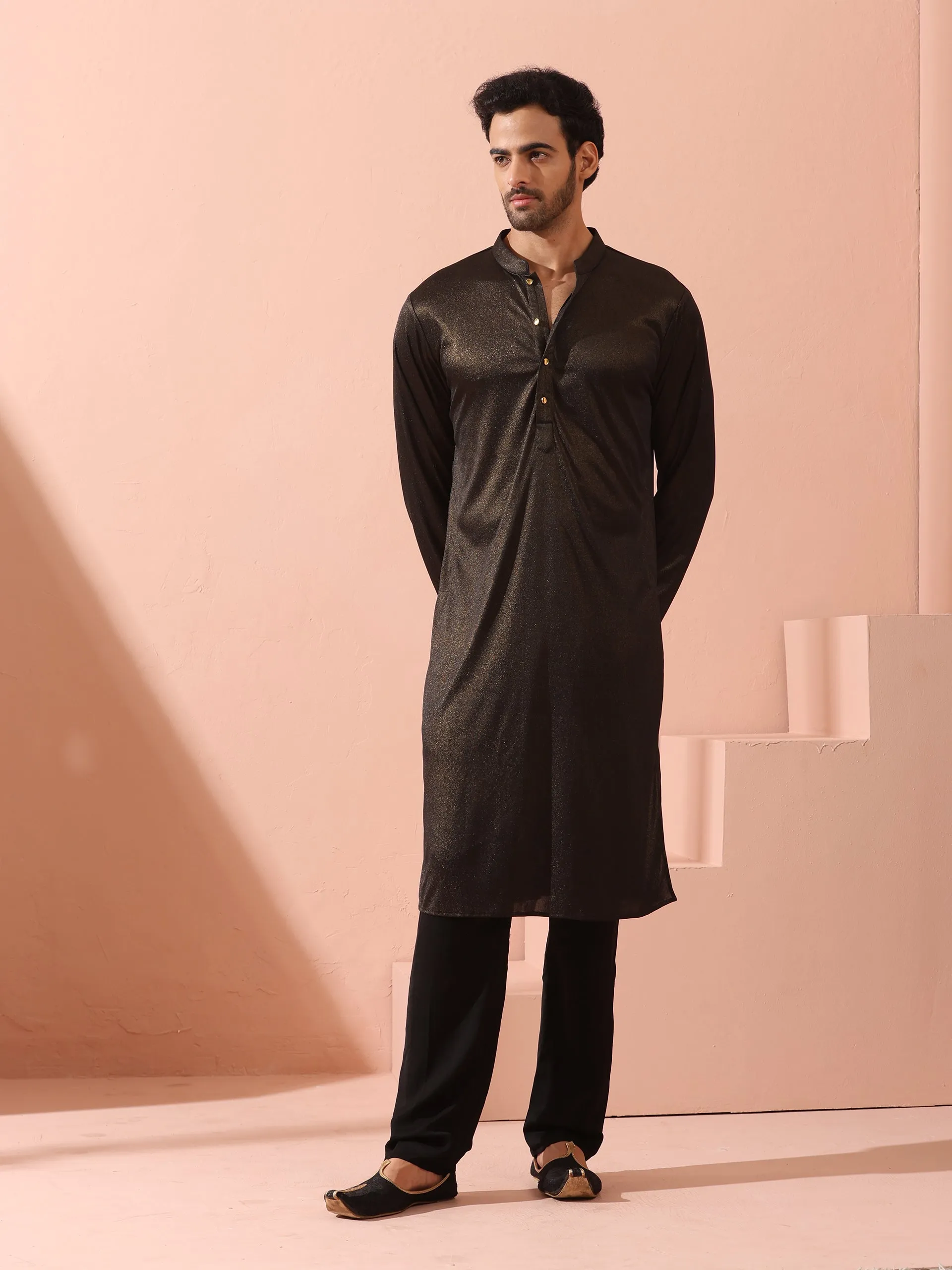 Black Gold Knit Kurta with Gold Buttons